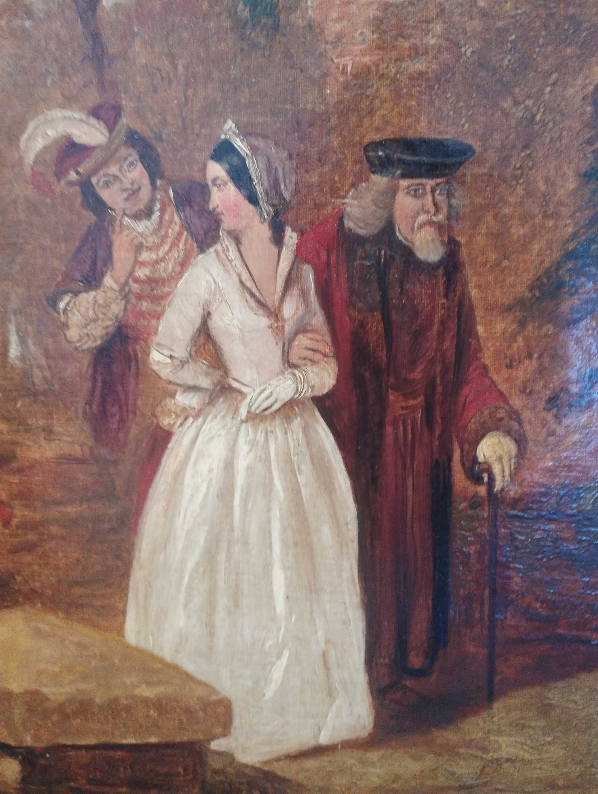 Quadro a óleo  cena romântica  de sedução  do século XVI