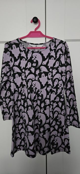 H&M sukienka bawełniana z długim rękawem r. 122/128 duchy, halloween