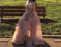 Tiulowa rozkloszowana suknia wieczorowa balowa sukienka róż maxi lou