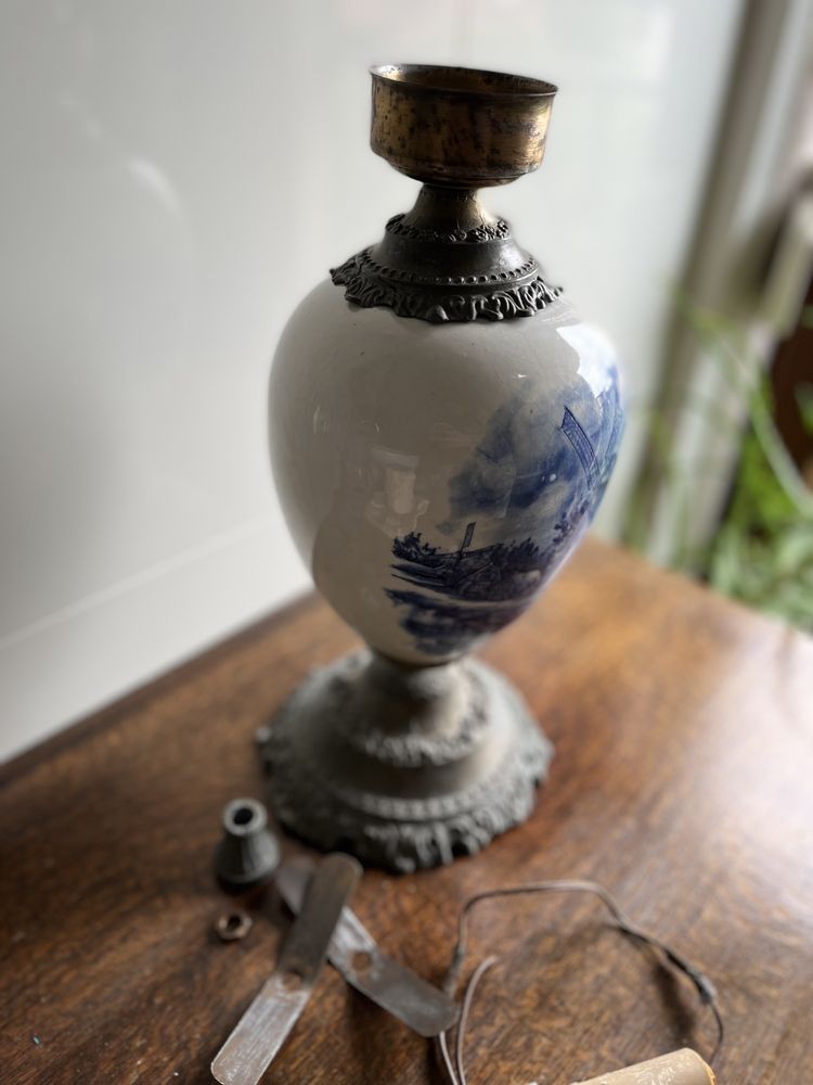 Piekna stara lampa holenderska porcelana mosiadz wiatraki