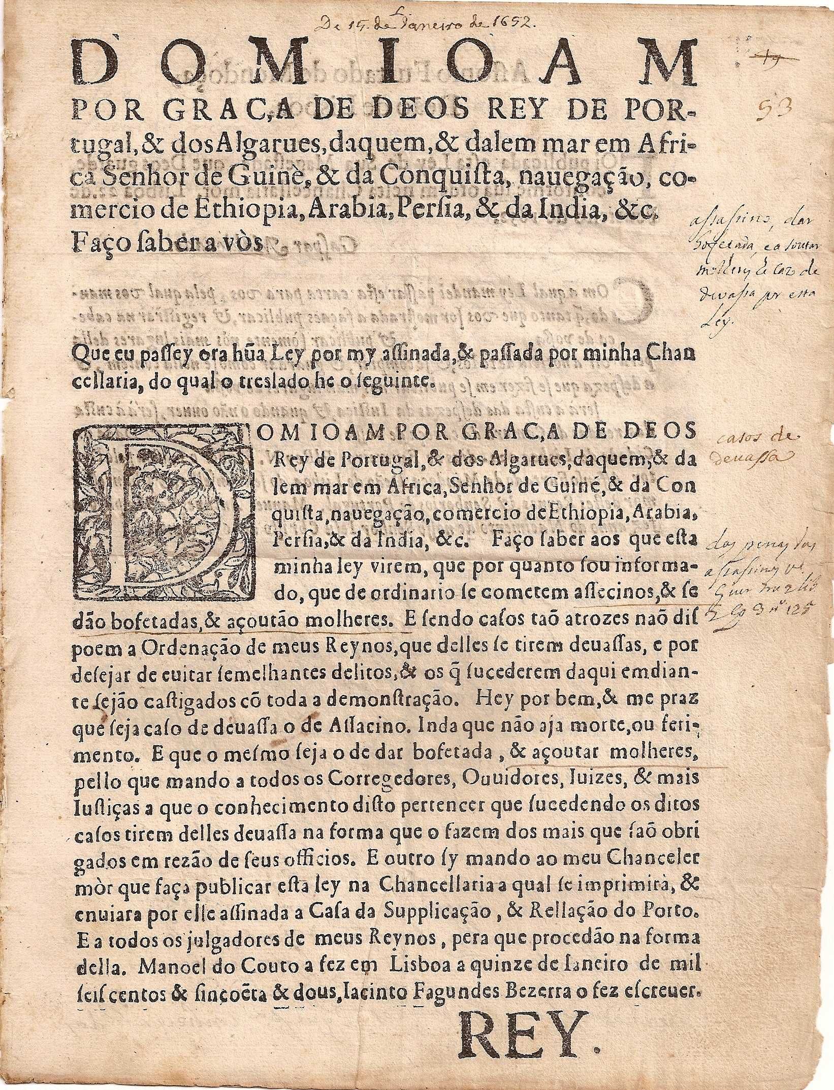 RARÍSSIMA Primeira Lei Portuguesa de 1652 contra VIOLÊNCIA às MULHERES