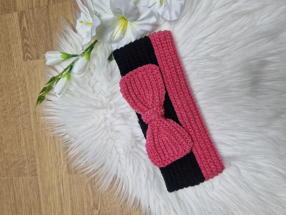 Opaska czarno-różowa na głowę z kokardką dla dziewczynki