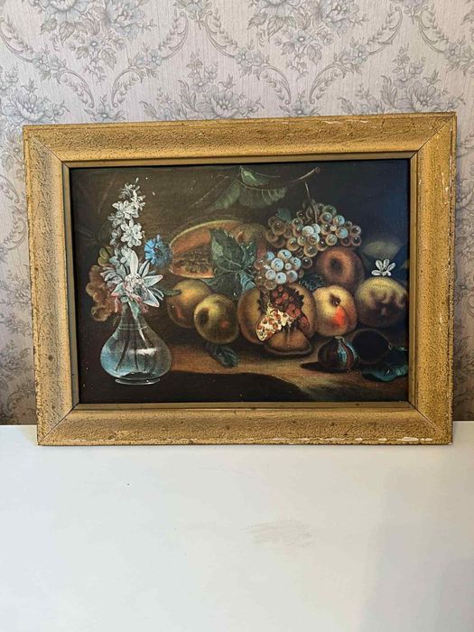 Reprodukcja obrazu "Martwa natura" w złotej ramie PRL