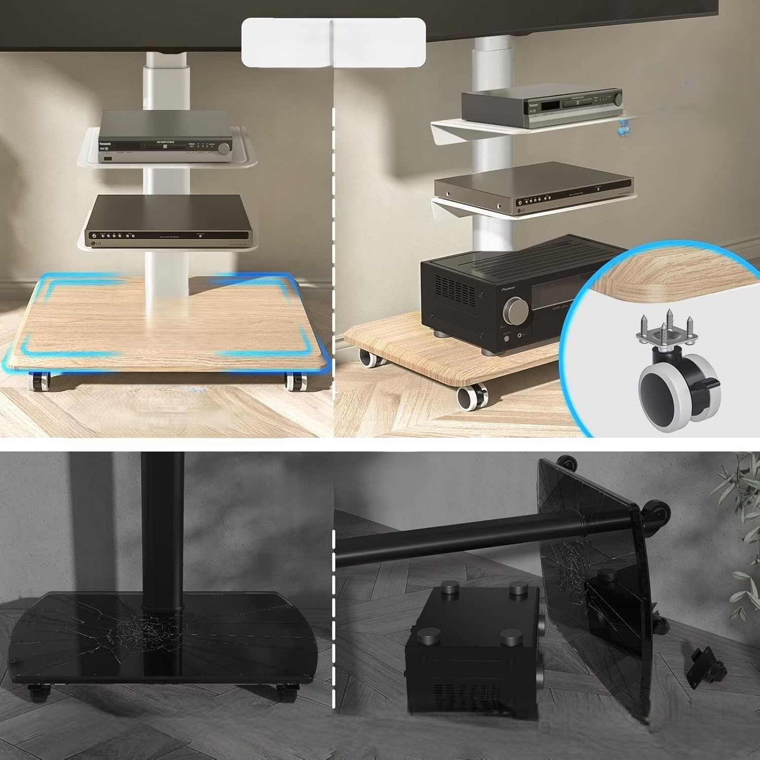 Biały stojak TV RFIVER z półkami, do 65", VESA 400x400, 35 kg