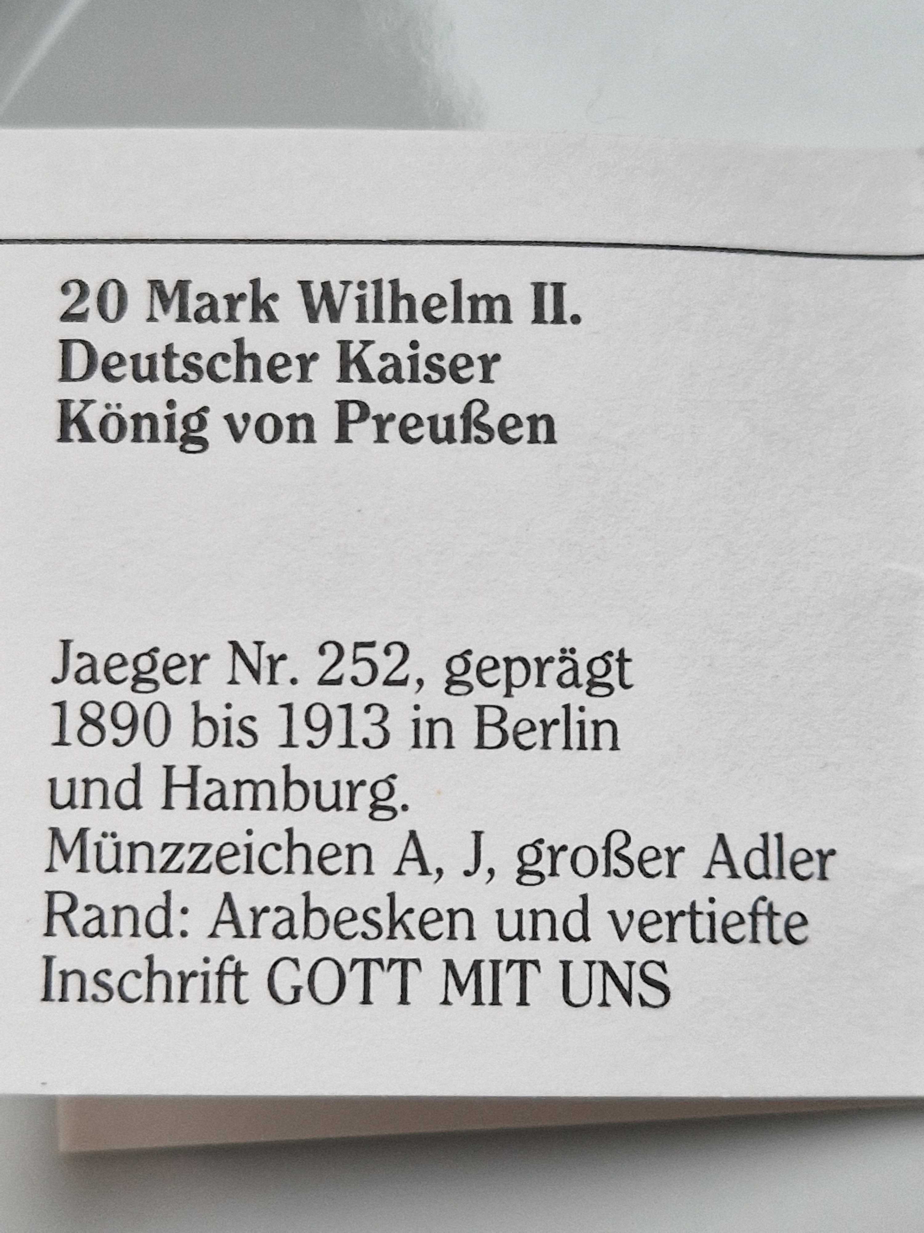 Zamiana 20 MarkWilhelm II Deutscher Keiser König von Preußen.