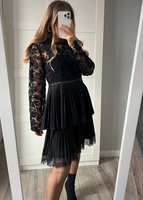 Zara czarna plisowana sukienka MIDI na wesele koronkowe wstawki L