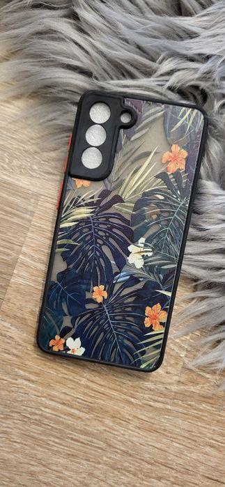 Etui Samsung S21 FE 5G — monstery, kwiaty, czarna ramka, czerwone przy