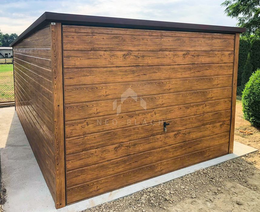 Garaż Blaszany 3X5 Brama - Drewnopodobny Orzech - Spad W Tył  Nb95