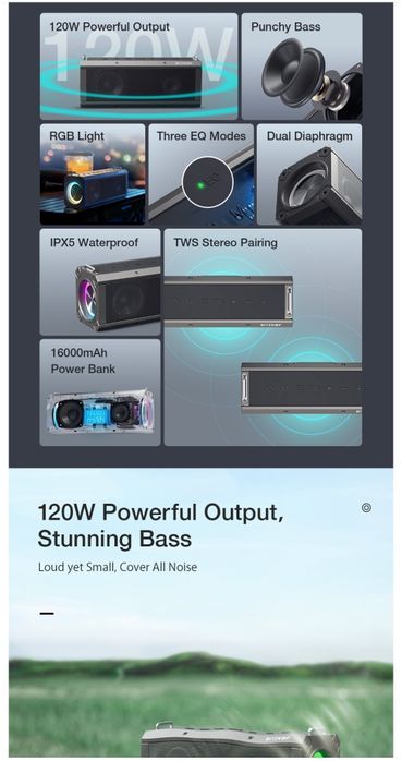 Coluna de Som portátil  120W com bluetooth Quad Drivers Deep Bass Ster