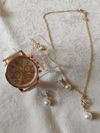 Luksusowy damski zegarek, naszyjnik, bransoletka i piękne kolczyki