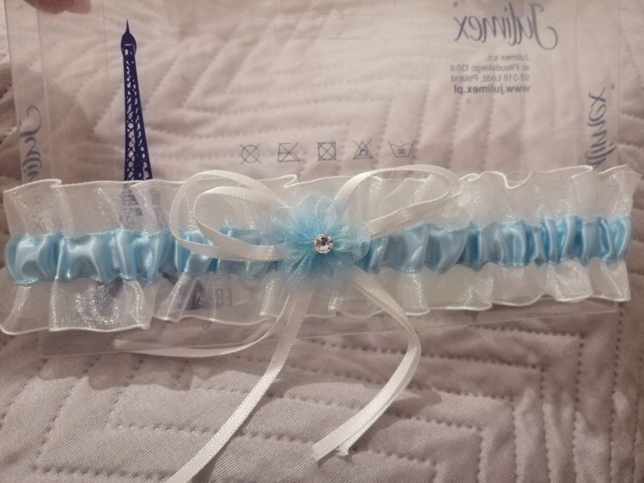 Podwiązka ślub nowa biało niebieska