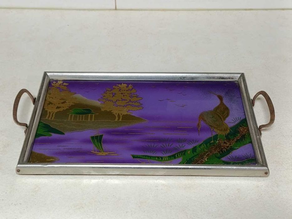 Tabuleiro bandeja vintage vidro pintado à mão art déco Alemanha