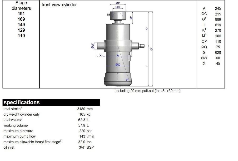 Siłownik przyczepy udźwig-32t skok-3180mm 5sekcji mocny kula