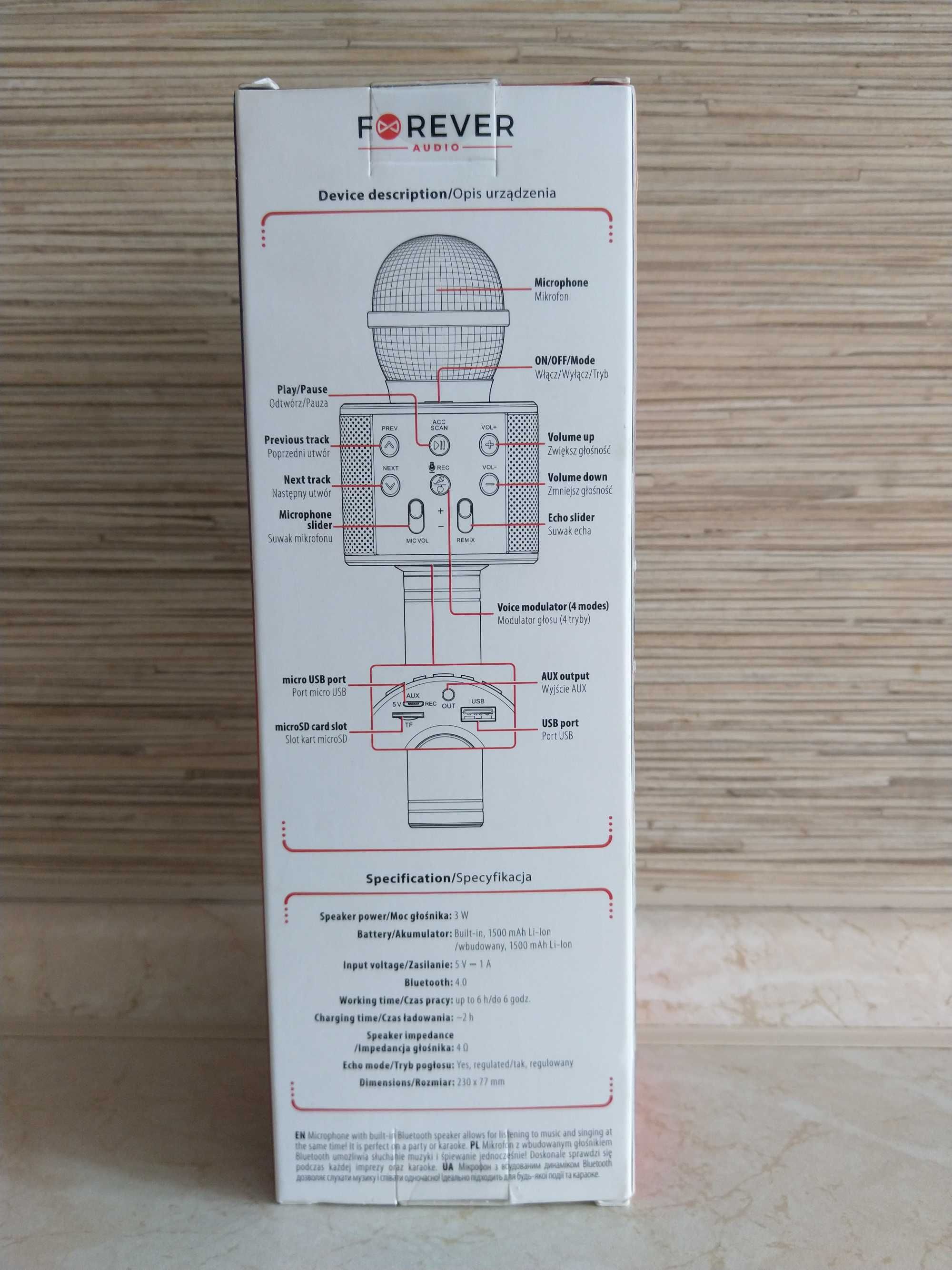OKAZJA Mikrofon karaoke bezprzewodowy Aux USB Bluetooth MikroSD 3W