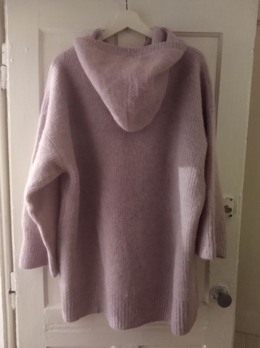 Liliowy sweter sukienka oversize wełniana liliowa wełna alpaka ZARA