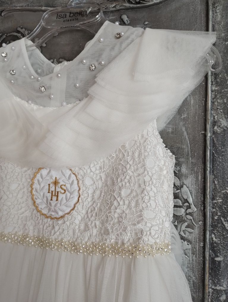 Piękna albo- sukienka Boho 134/146 komunijna, bolerko nowe
