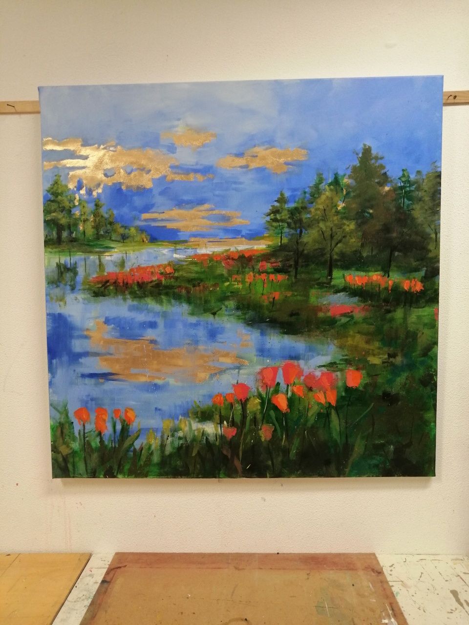 Pintura de paisagem a acrílico com folha de ouro