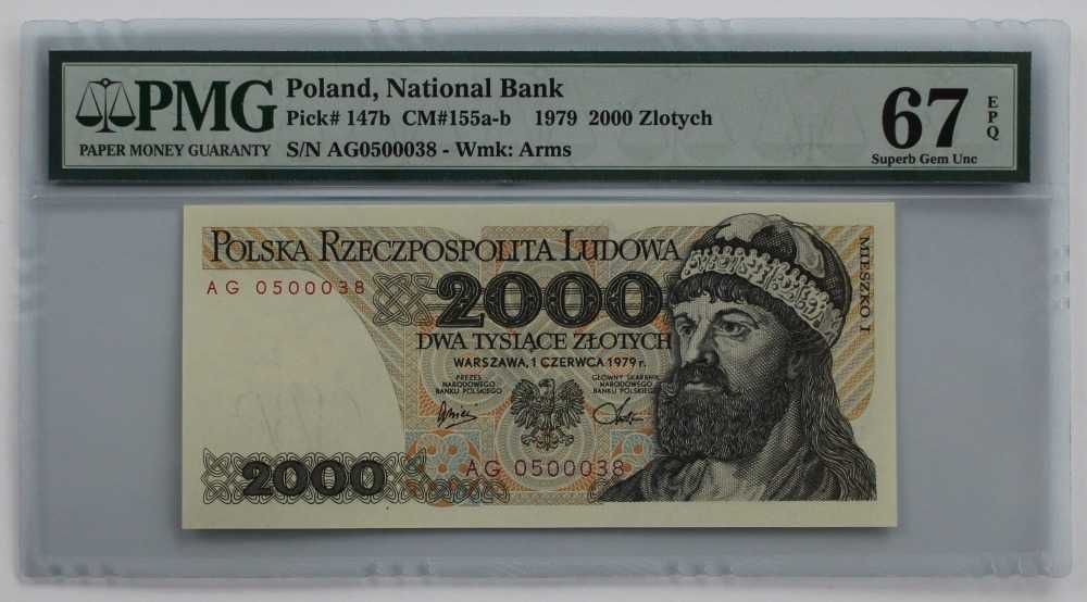 Mieszko I 2000 zł 1979 banknot grading PMG 67 seria AG