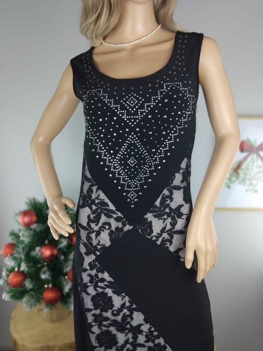 Długa sukienka wieczorowa maxi koronkowa cyrkonie asymetryczna lejąca