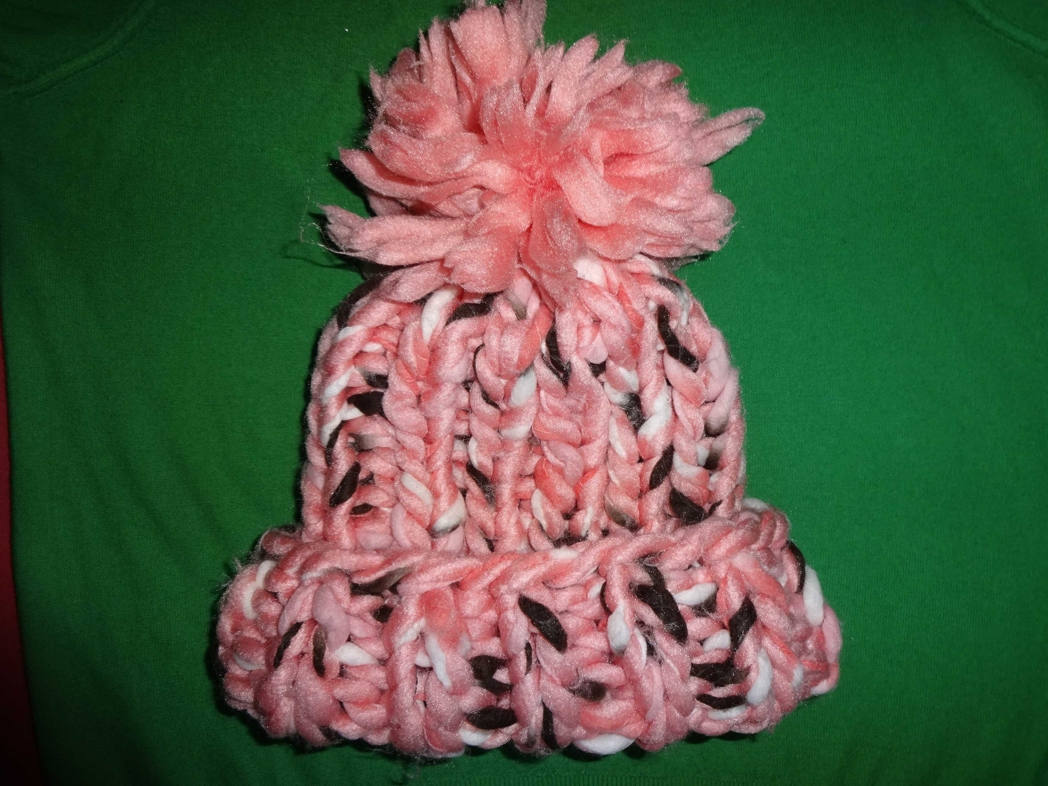 RAGYARD włóczkowa gruba jasnoróżowa czapka z dużym pomponem beanie