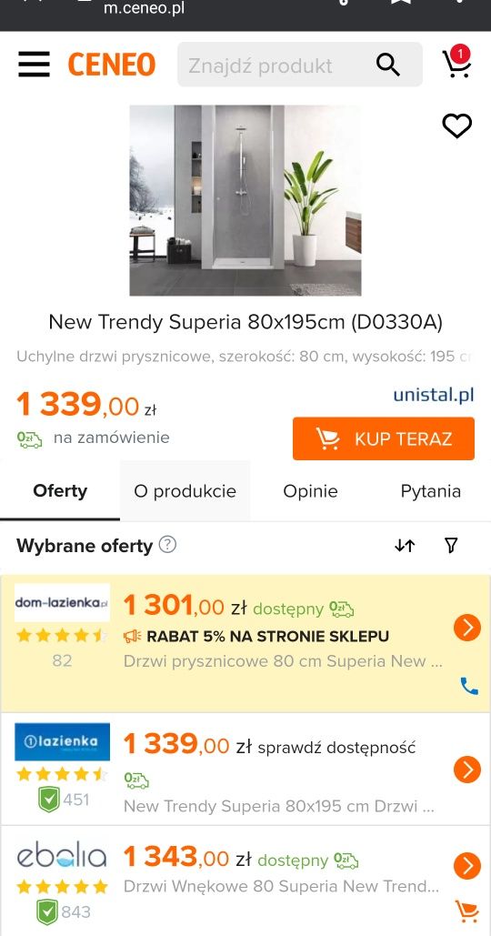 Nowe Drzwi prysznicowe 80x195 6mm szkło New Trendy