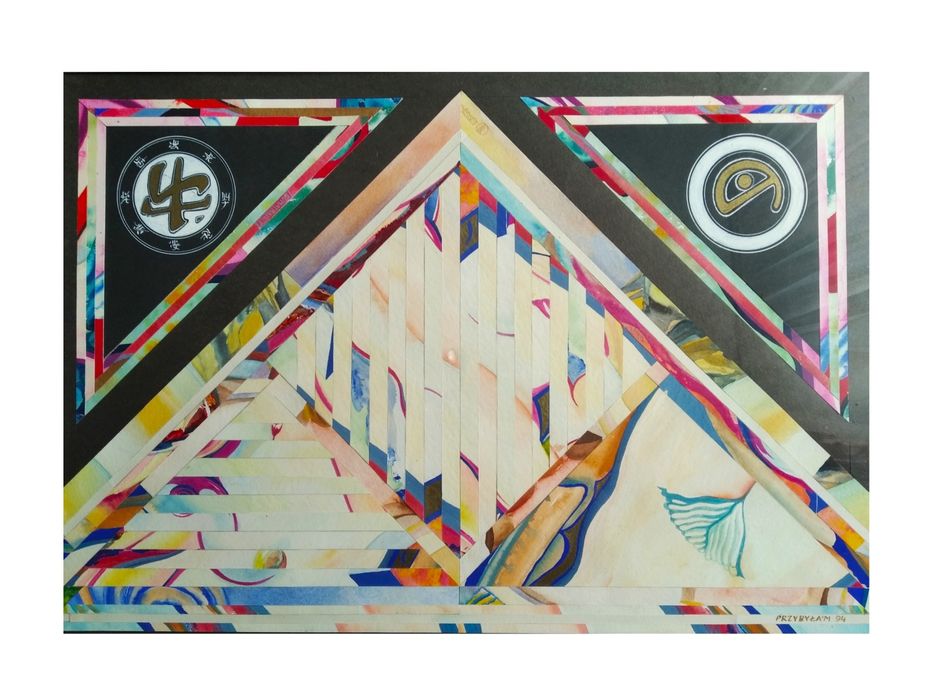 Akwarela z kolażem. Obraz w szkle 70/50, sygnowany. Szyba do wymiany.