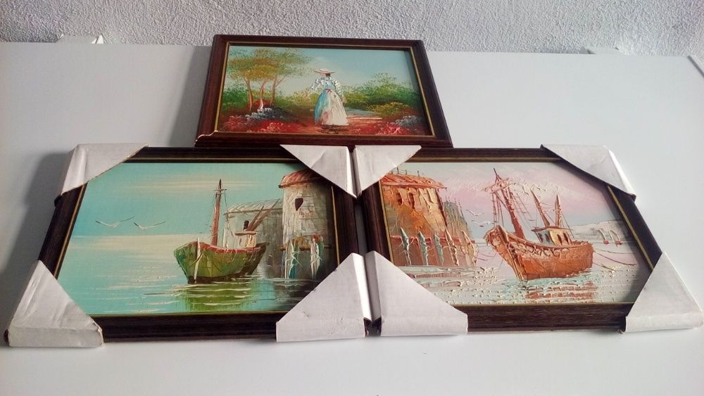 Quadros c/ tela texturada e requintadas peças decorativas em alabastro