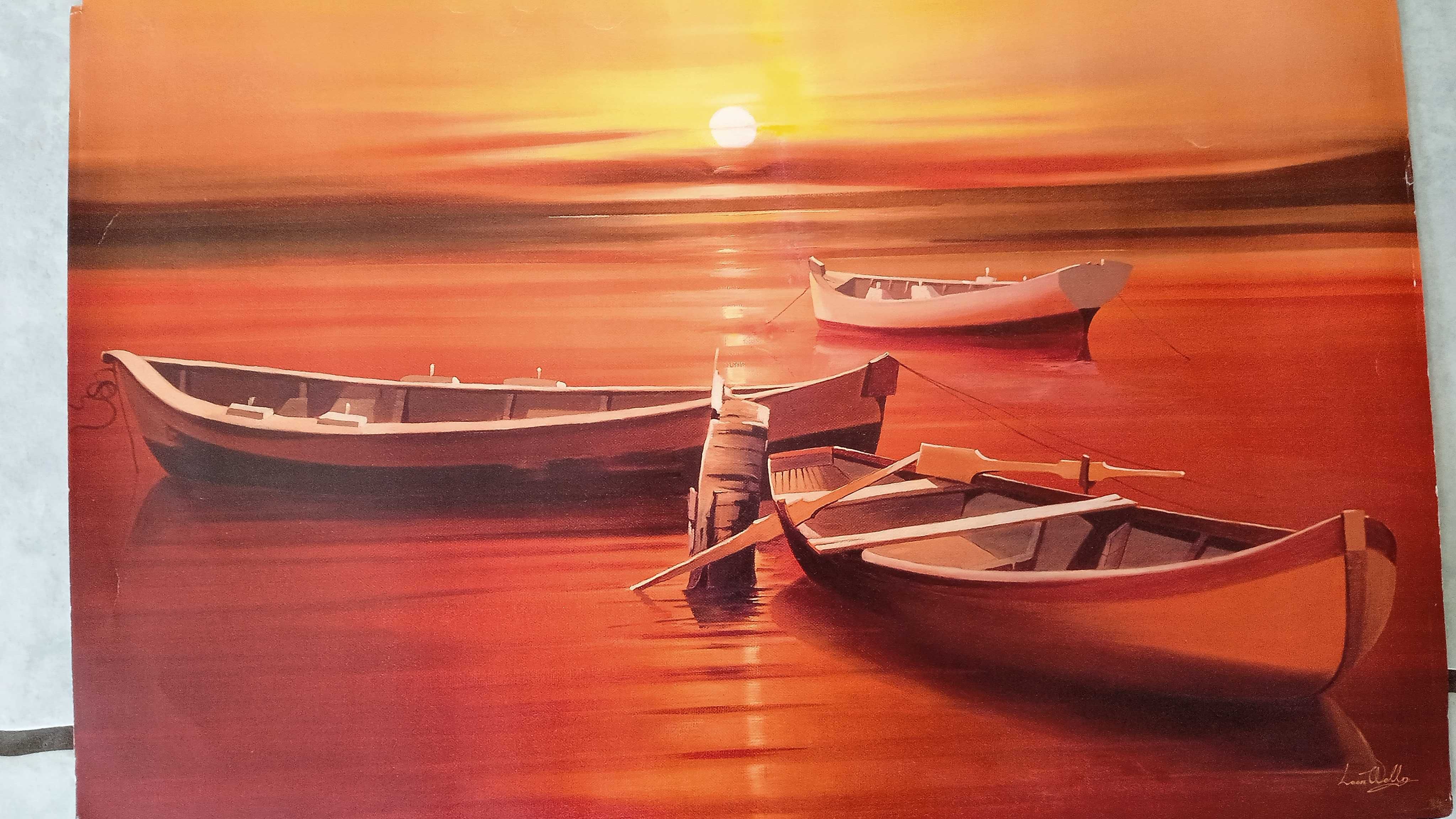 Zachód słońca nad wodą z łodziami,  Leon Wells, print