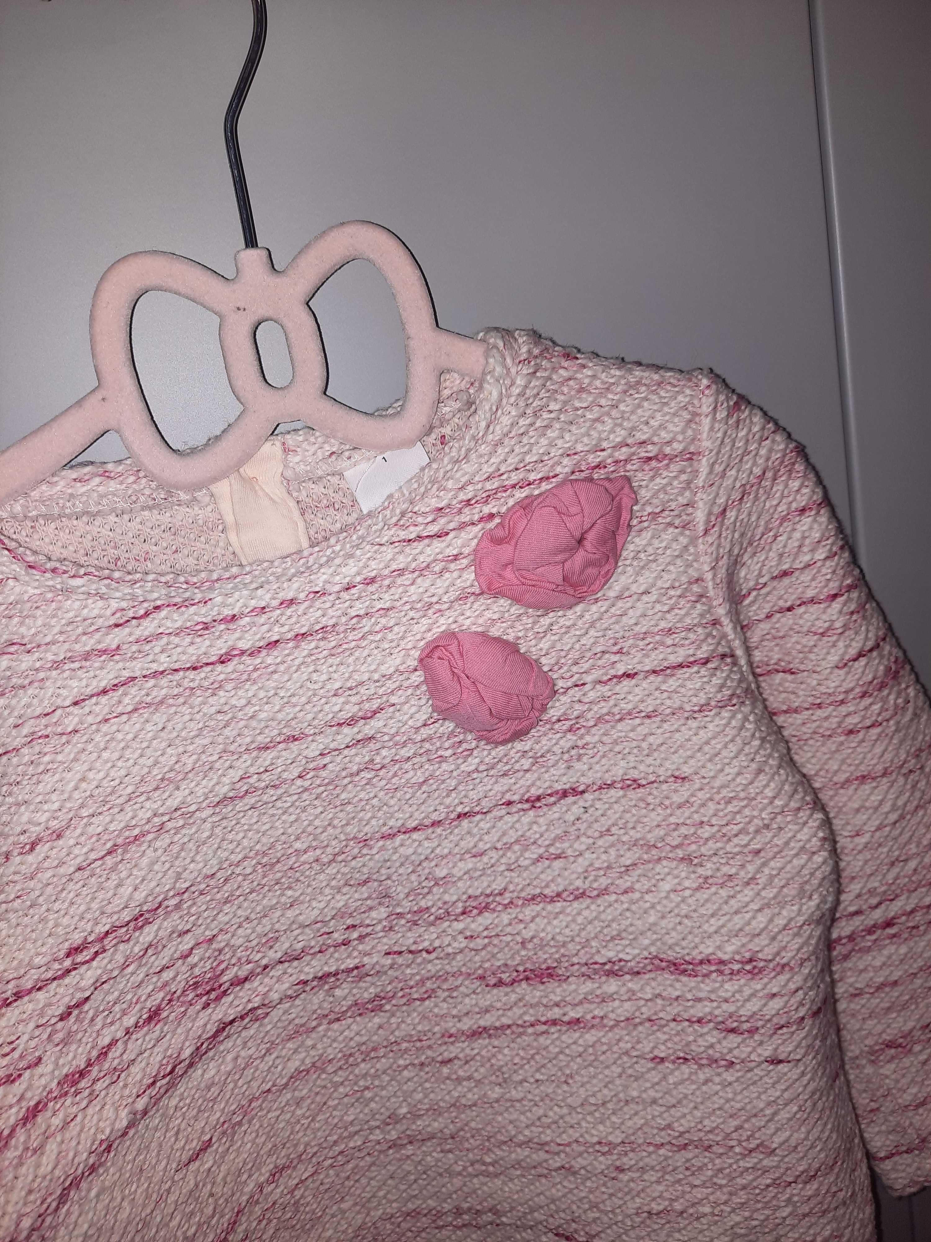 Bluza bluzka sweterek biało-różowy ozdobna kwiatki