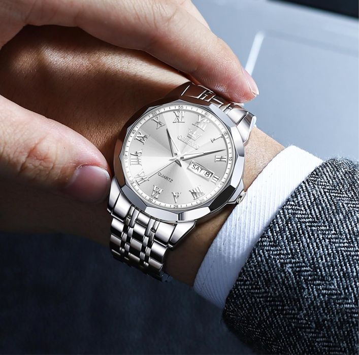 OLEVS Zegarek analogowy ze stali nierdzewnej, wodoszczelny