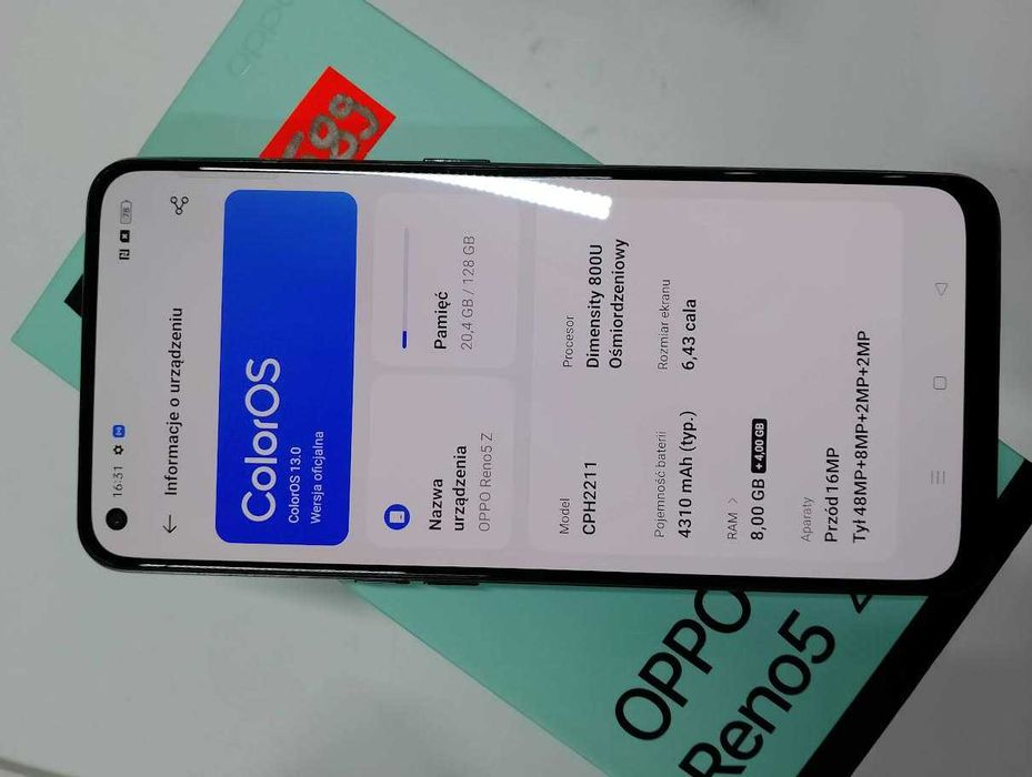 Stan idealny Telefon Oppo Reno 5 Z 8/128 GB - pudełko + ładowarka + sł