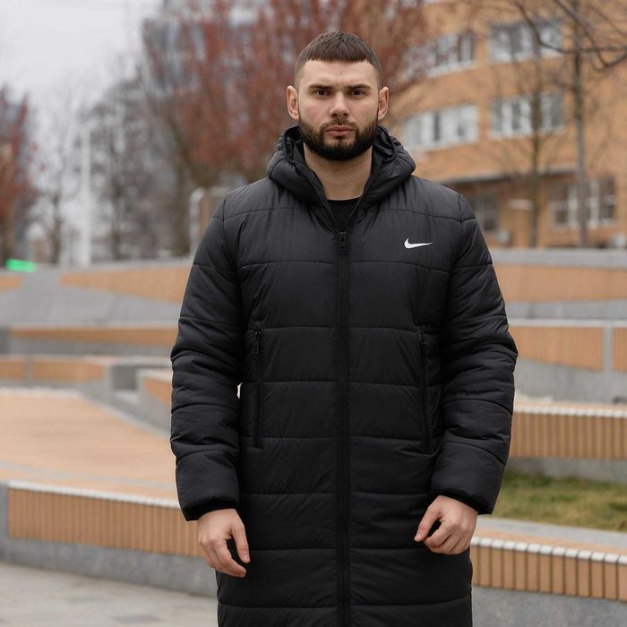 Чоловічий зимовий пуховик подовжений чорний Nike водовідштовхувальний