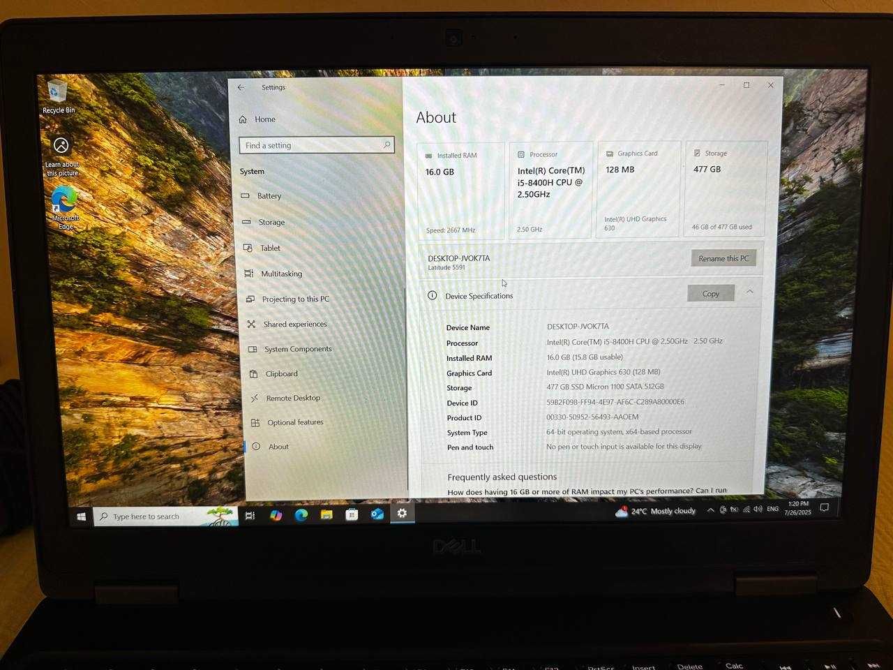 Dell Latitude 5591 Intel Core i5-8400H 16GB RAM 512GB SSD БЕЗ БАТАРЕЇ