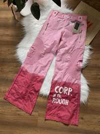 Różowe y2k spodnie wide leg XS biodrówki niski stan materiałowe