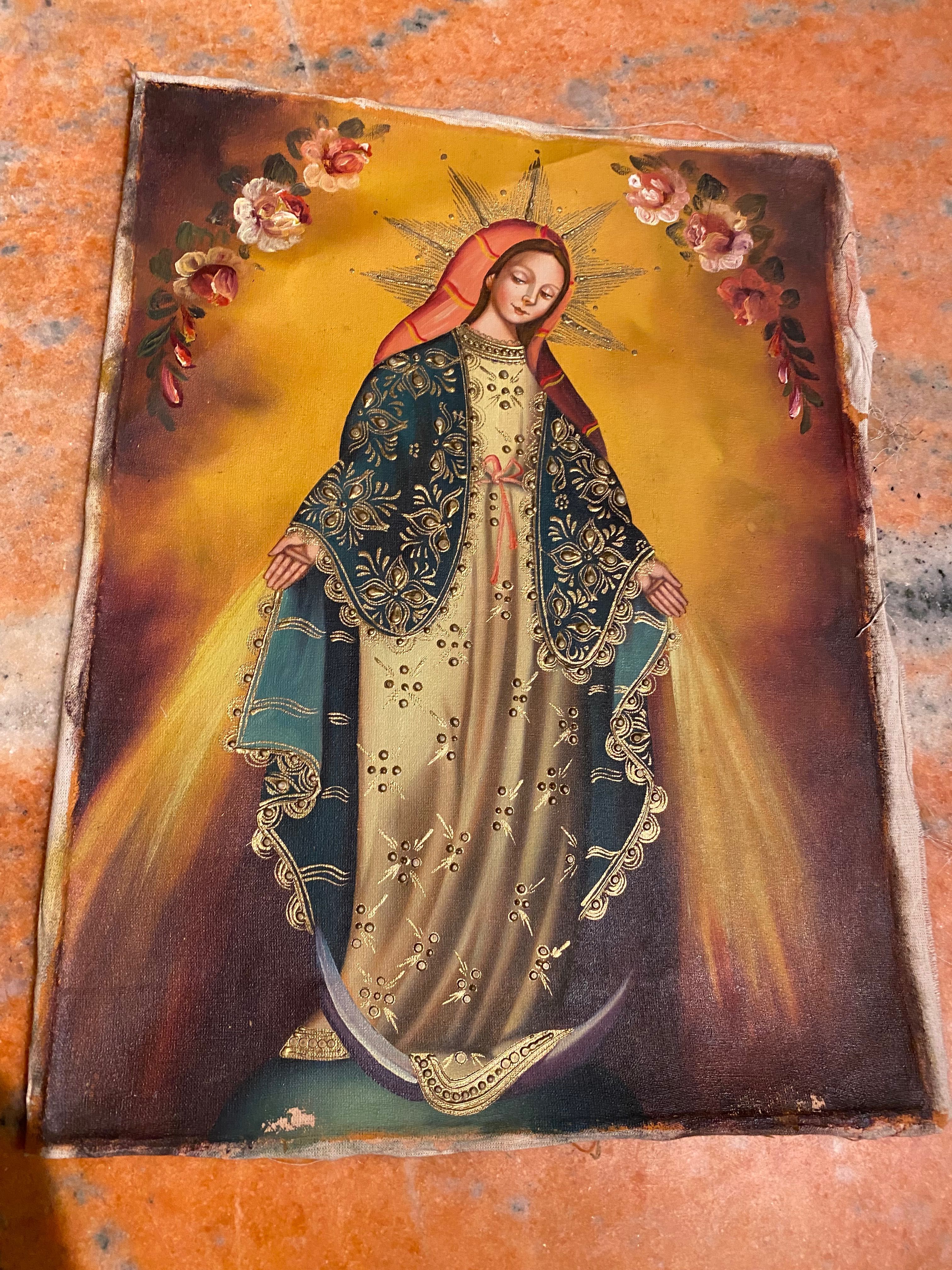 Pintura Centenária Ícone a óleo sobre tela Nossa Senhora Séc XIX 40 cm