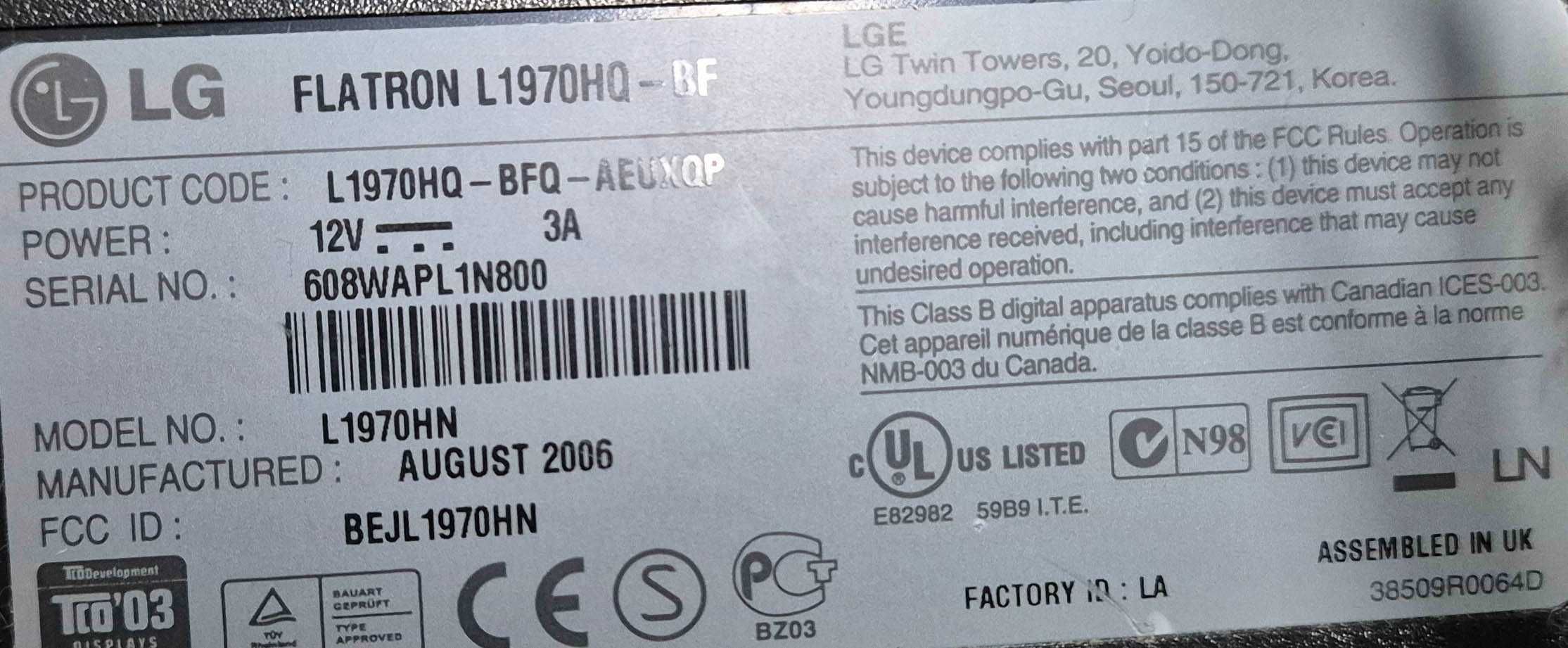 monitor 19'' LG flatron SLIM L1970hq-bf  model L1970HN zadbany !