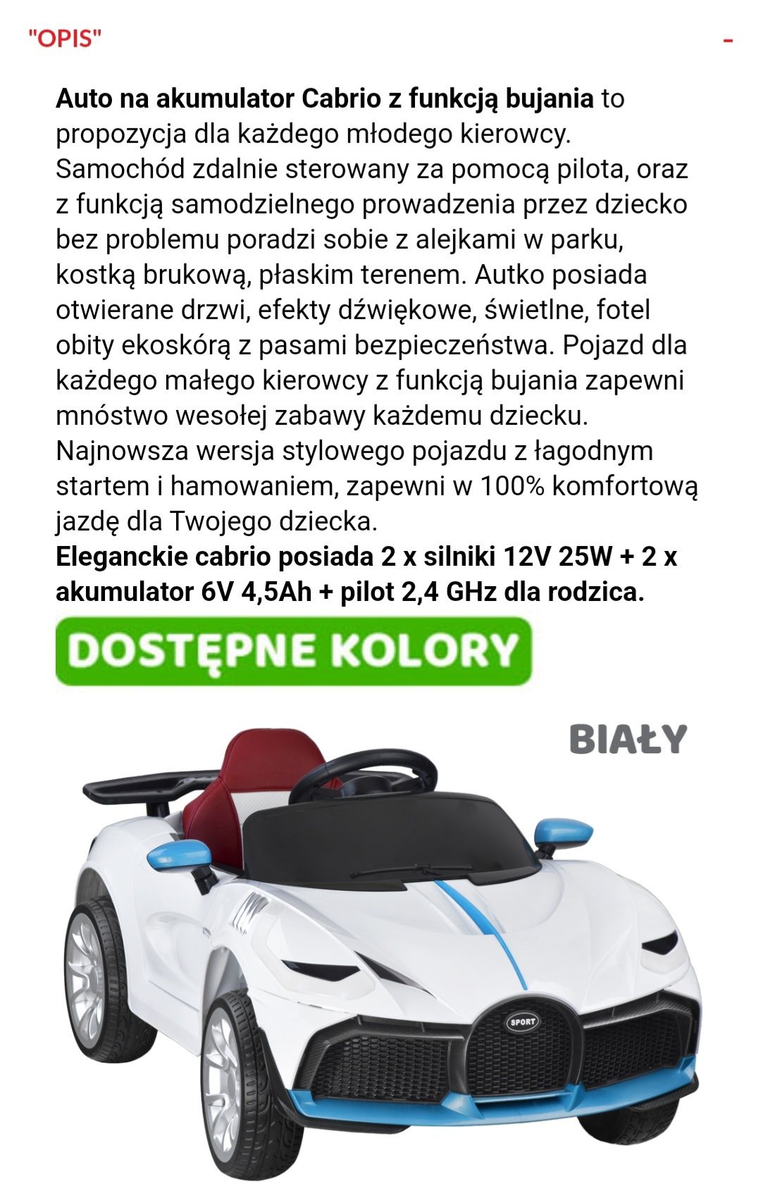 Auto na akumulator Cabrio z funkcją bujania