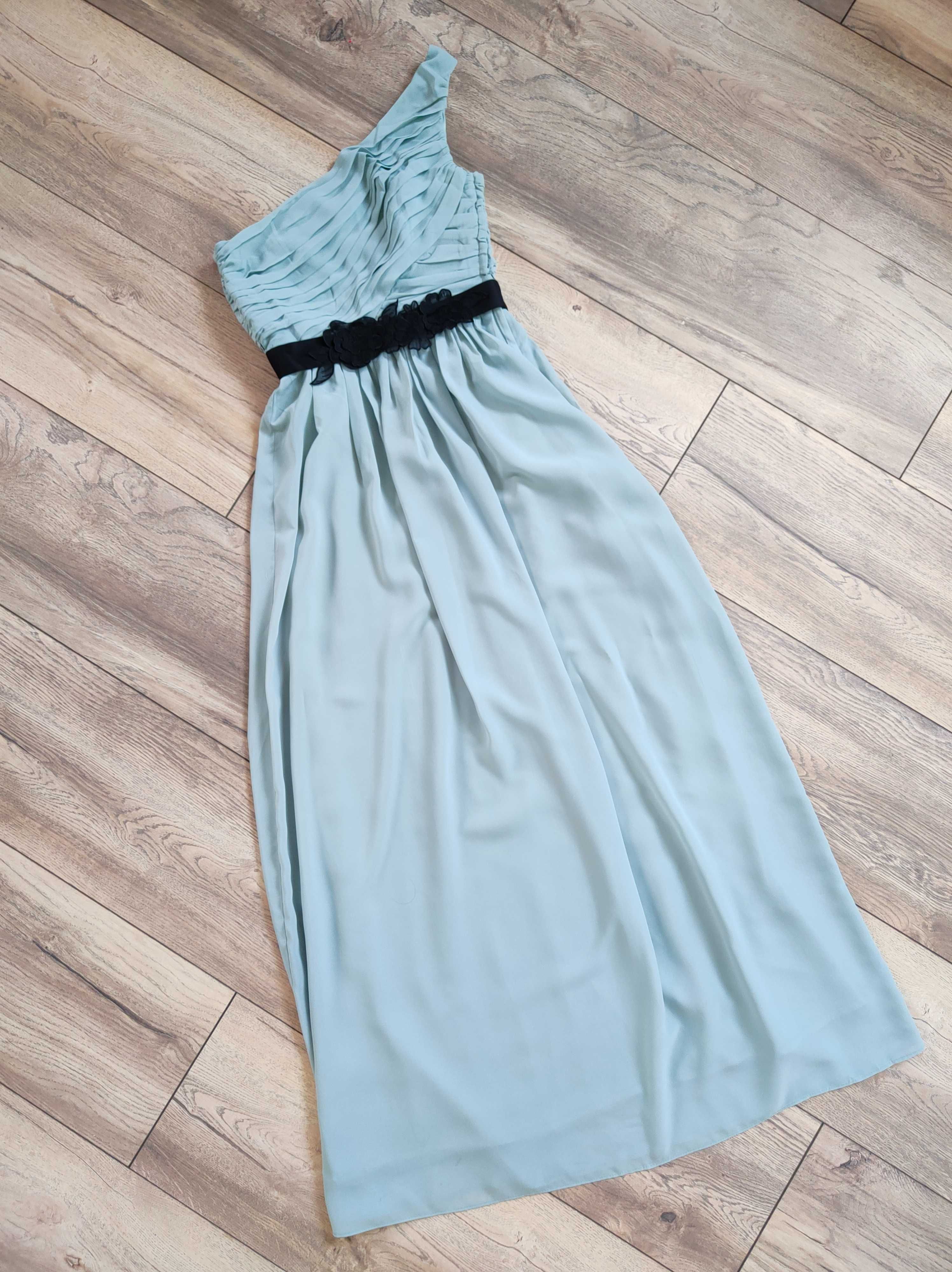 Sukienka Maxi Długa H&M Miętowa Zielona Jedno ramię 36