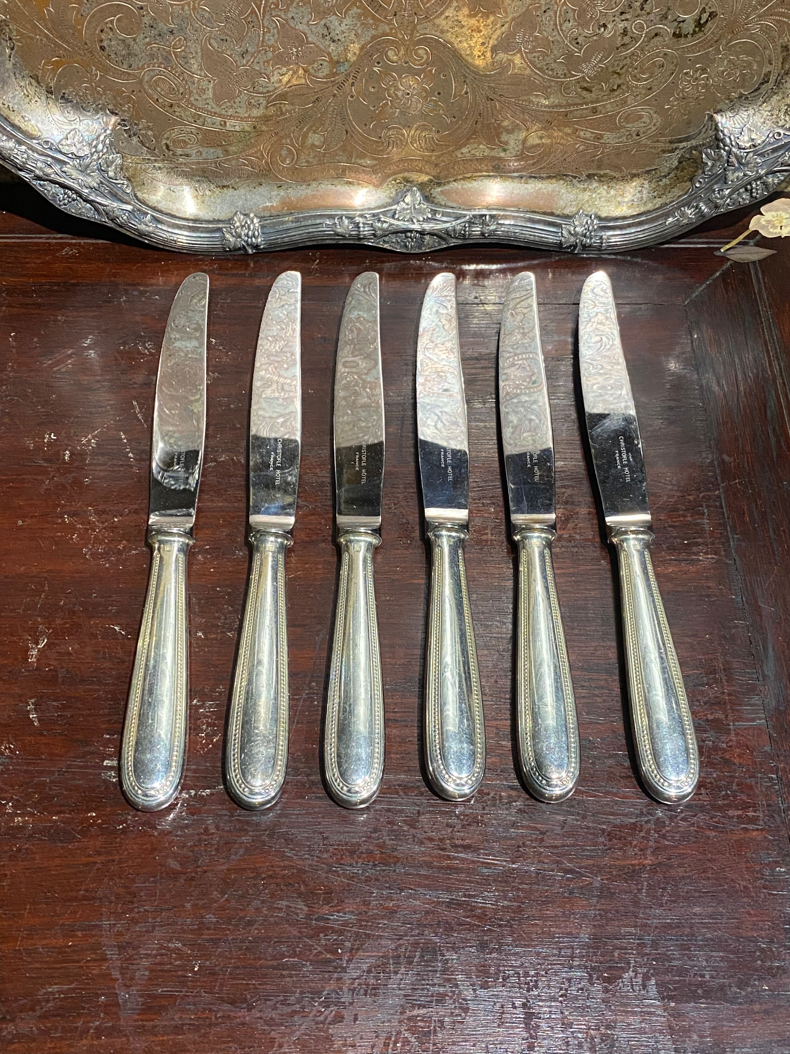Seis Facas Christofle Banho Prata França 24,2 cm Anos 60