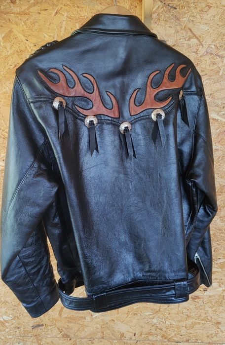 Kurtka skórzana czarna płomienie pasek gruba motocyklowa alternative o