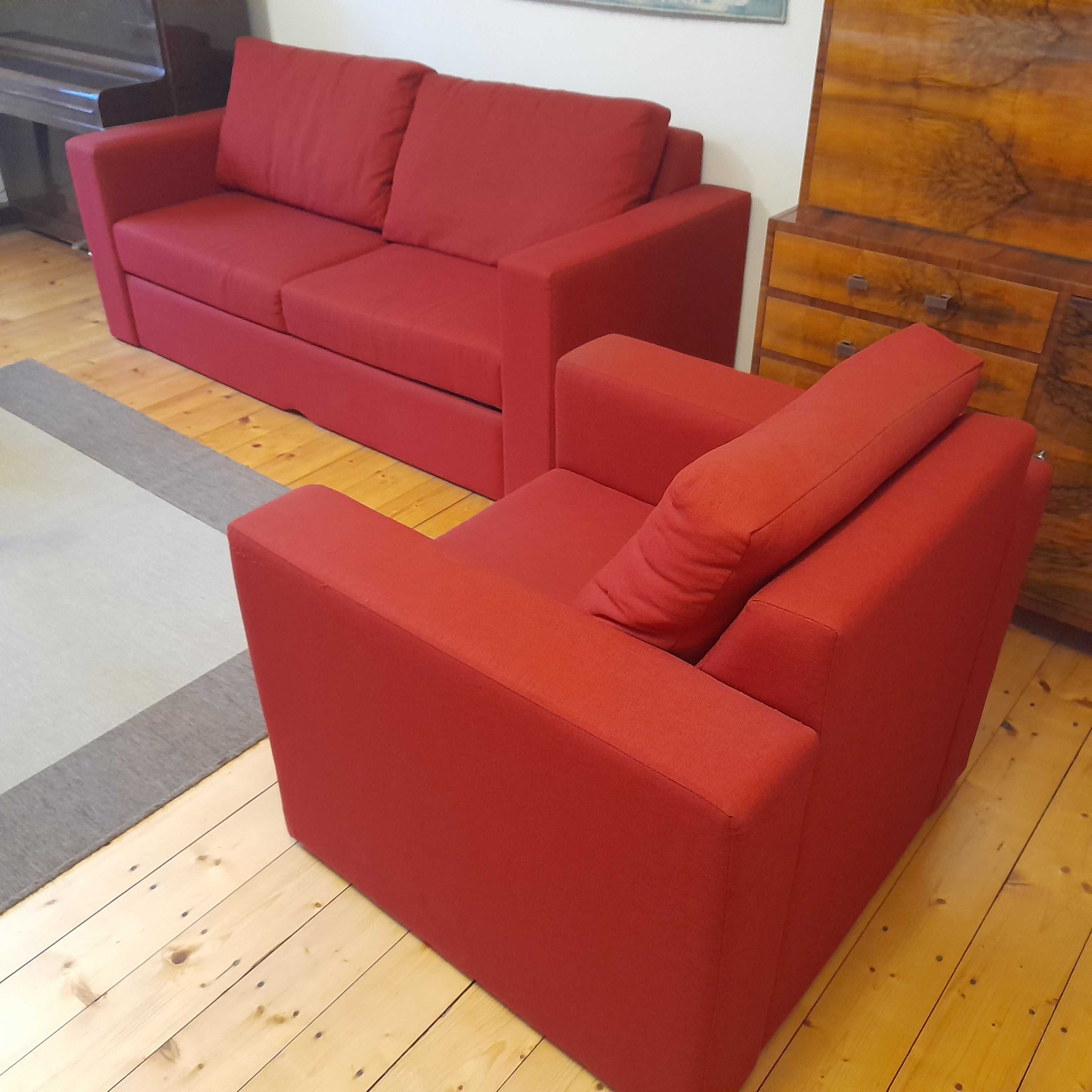 Czerwona sofa rozkładana z możliwością spania+fotel, bardzo dobry stan