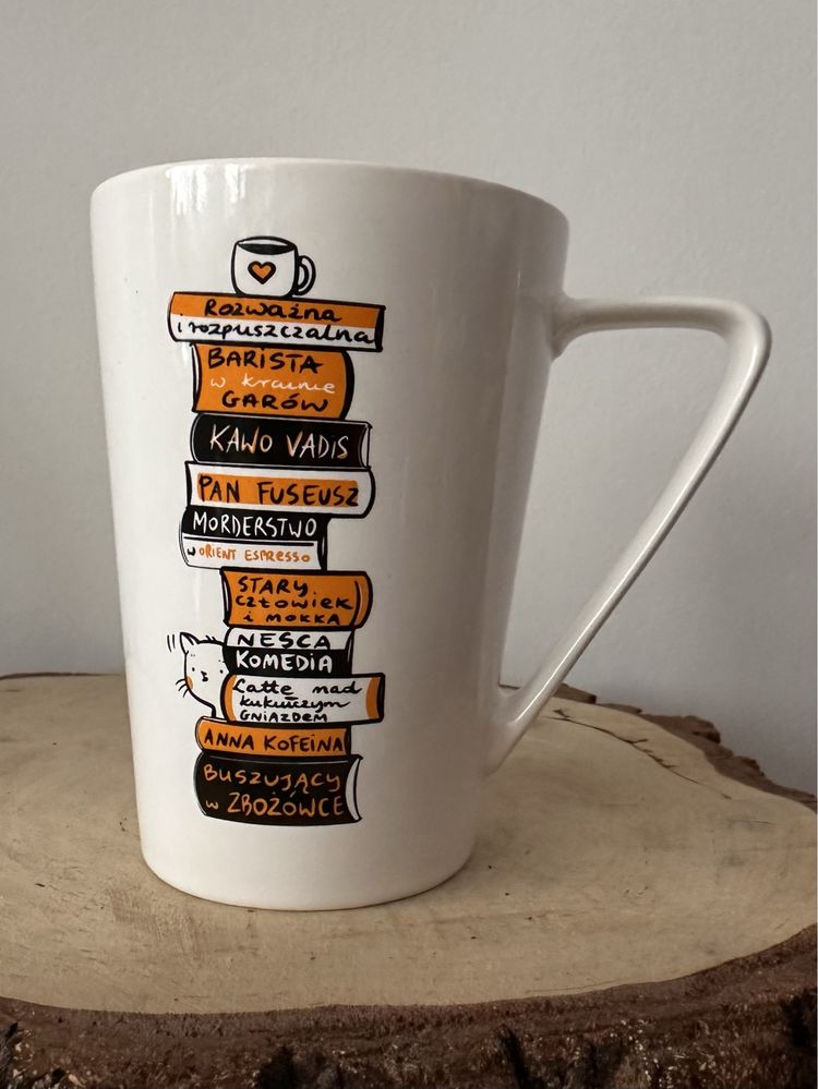Duży porcelanowy kubek dla fana kawy, książek, kotów