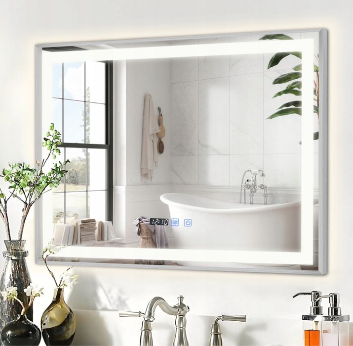 Lustro nowe LED 80x60 Oświetlenie Włącznik Dotykowy Rama Srebrna