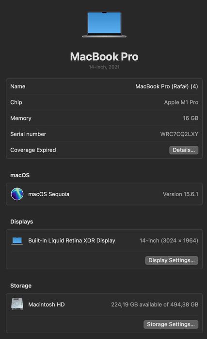 Macbook Pro M1 16GB RAM / 512 GB SSD / 14 cali