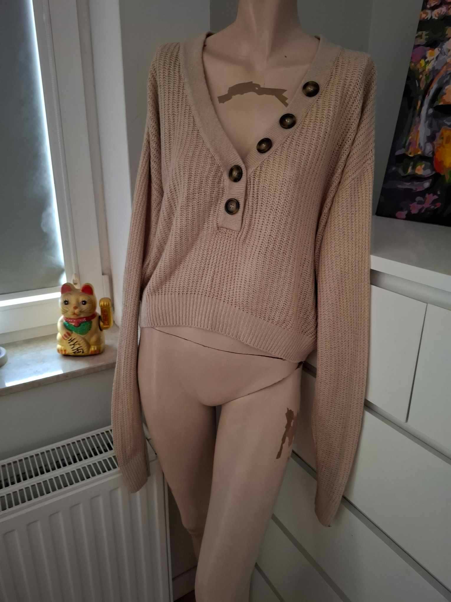S 36 H&M bezowy sweter z długim rękawem z dekoltem v dekolt serek