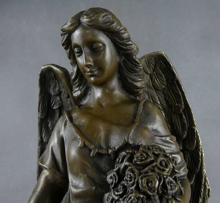 Duża Figura ANIOŁ z kwiatami rzeźba brąz marmur sygnowana 47 cm 8,7 kg