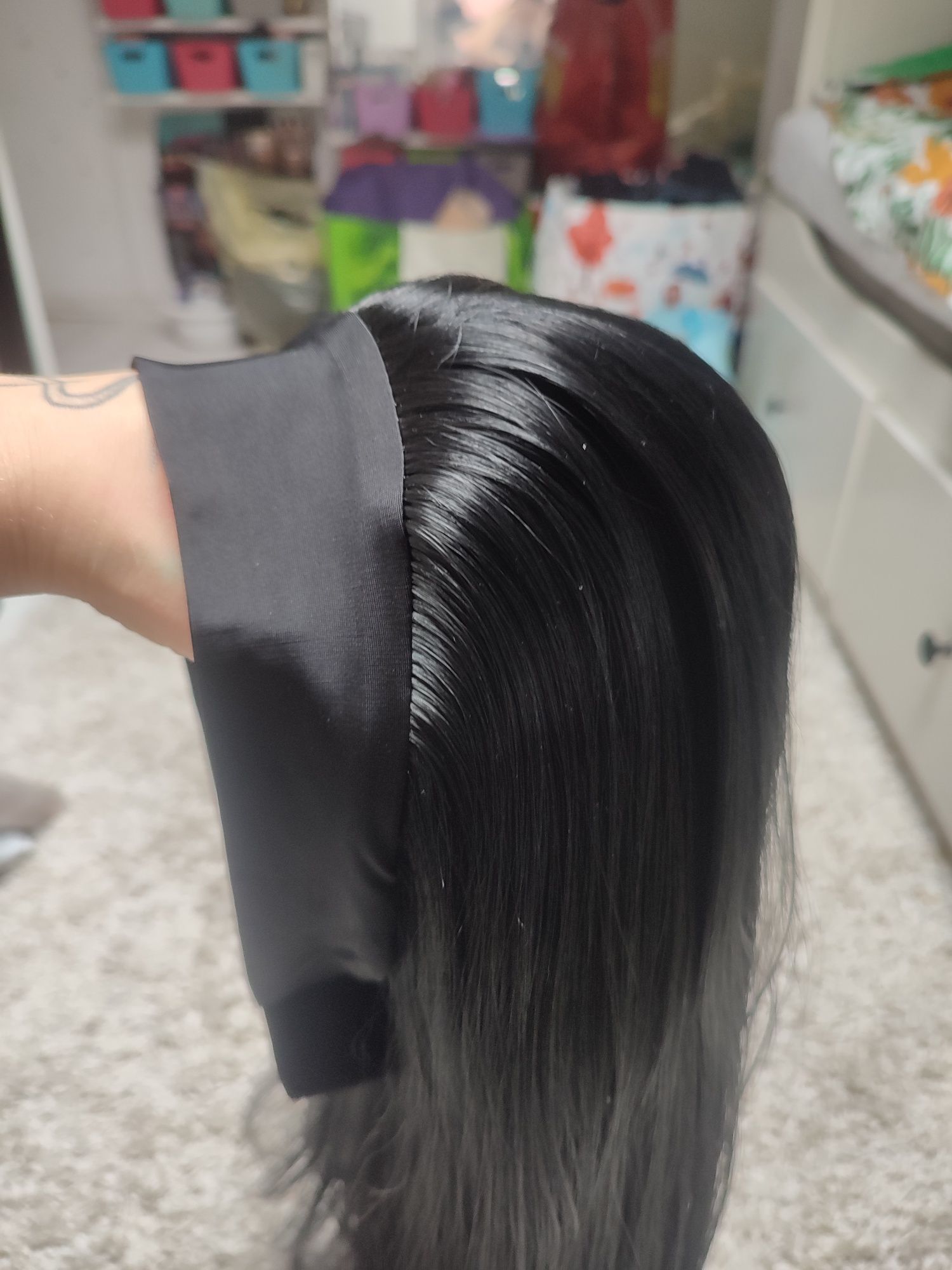 Czarna prosta peruka na opasce wig Black cosplay karnawał