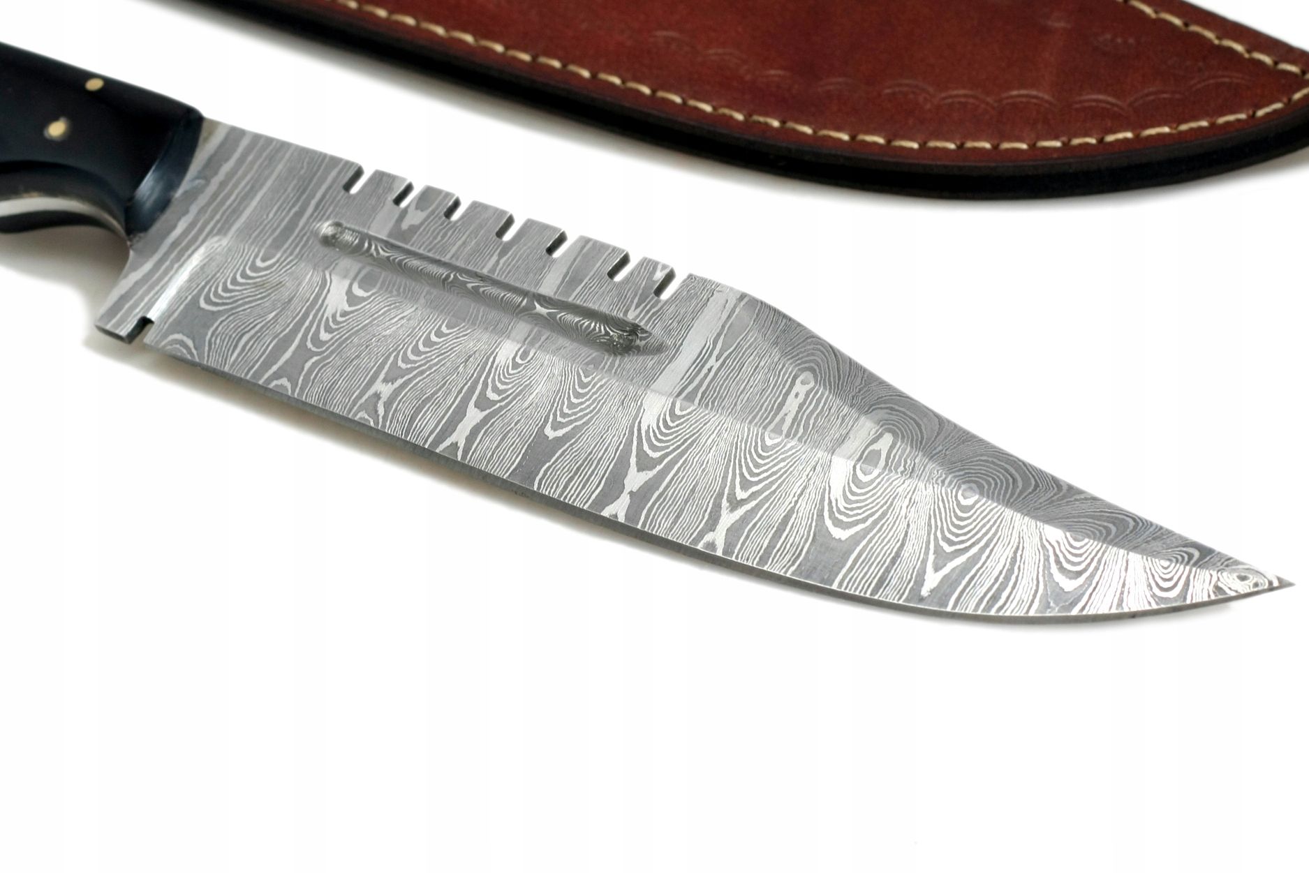 Nóż ręcznie wykonany Bowie survival stal damasceńska skórzane etui 758
