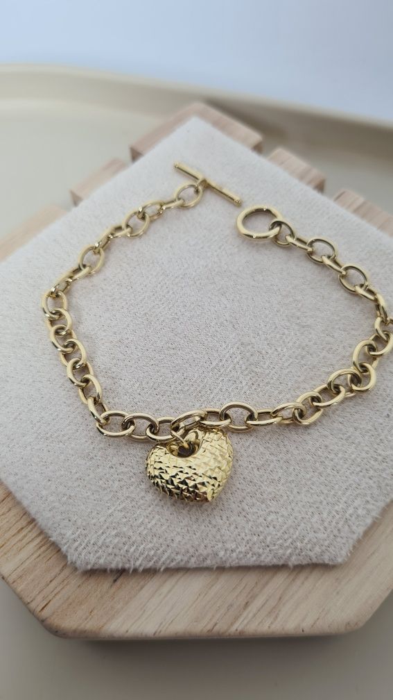 Nowa złota bransoletka typu Tiffany,serce,toggle, ogniwa,585