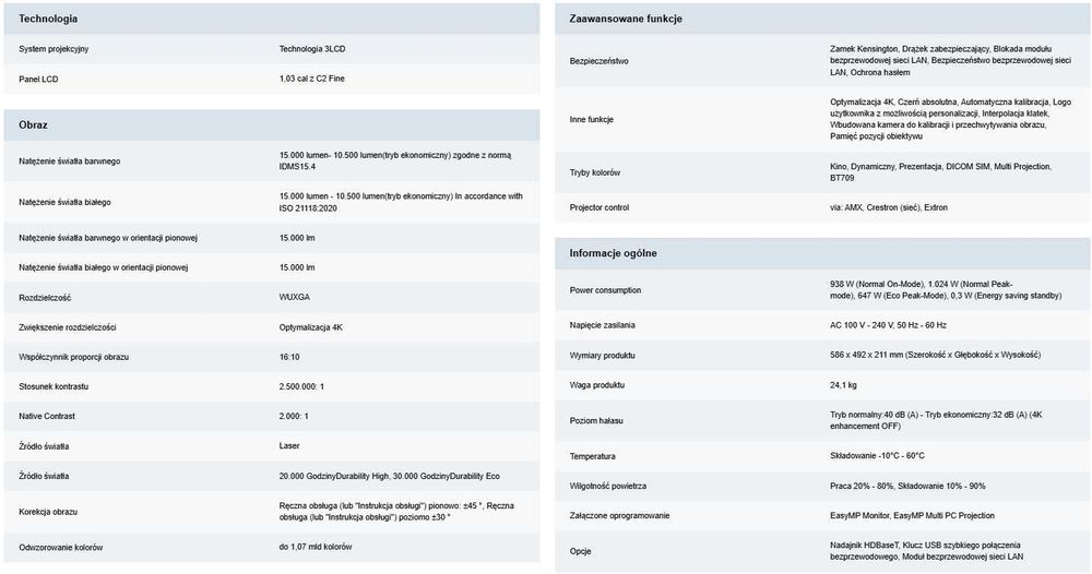 projektor Epson EB 1755U 15 000 lm różne obiektywy
